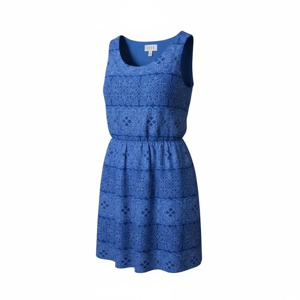 Elle Blue Fit & Flare Resort Casual Lg Sleeveless Boho Medallion Summer Dress